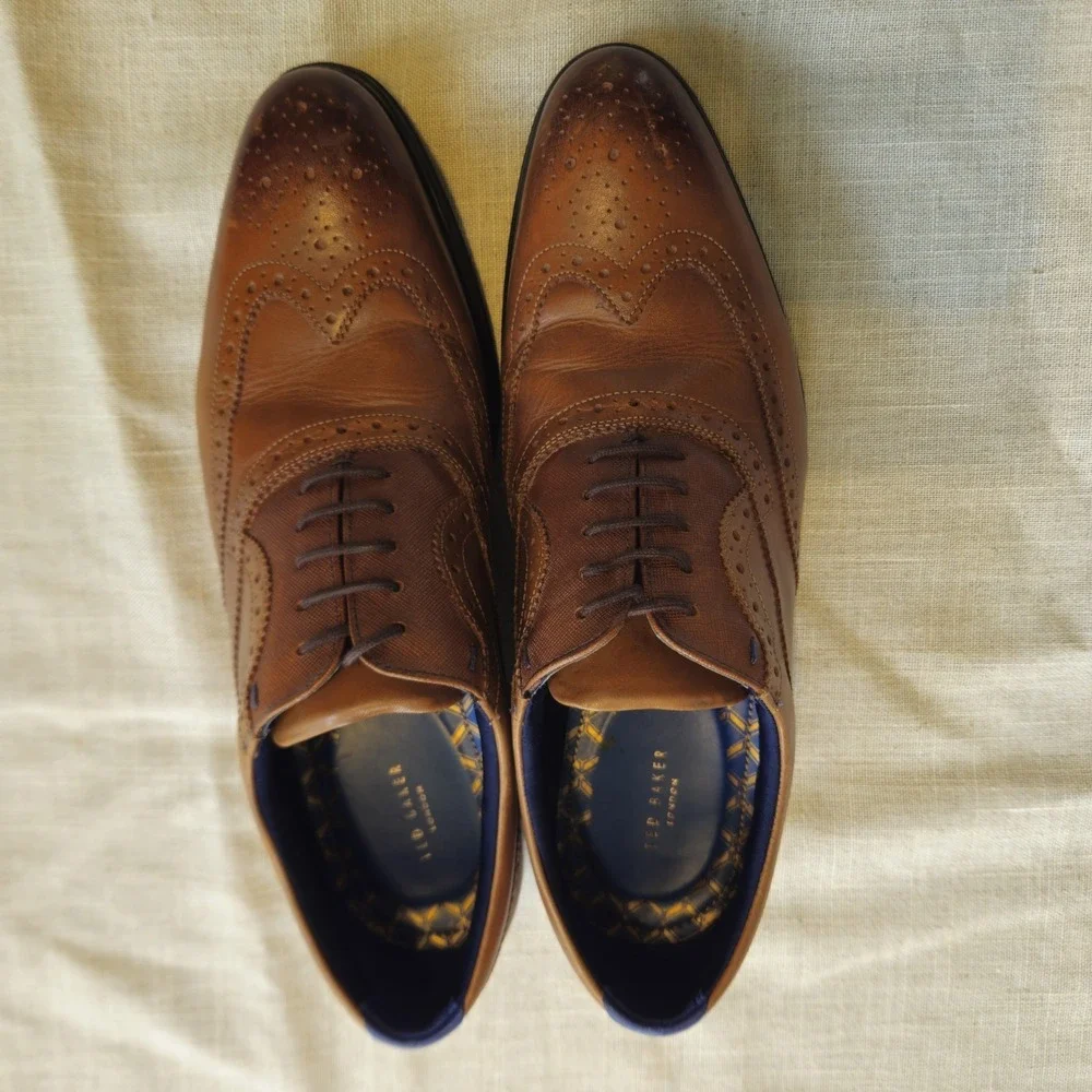 Ted Baker Mens Cognac Brown Leather Wingtip Brogue Oxford Shoes Size US 10 Luxe‎